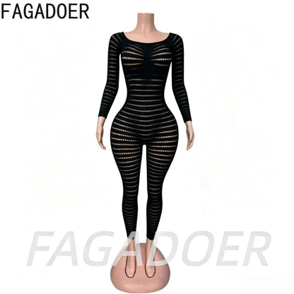 FAGADOER Women Sexy Knit See Through Bodycon Jumpsuits 2026 Summer Solid Color Hollow Out Rompers Night Party Club Playsuits New