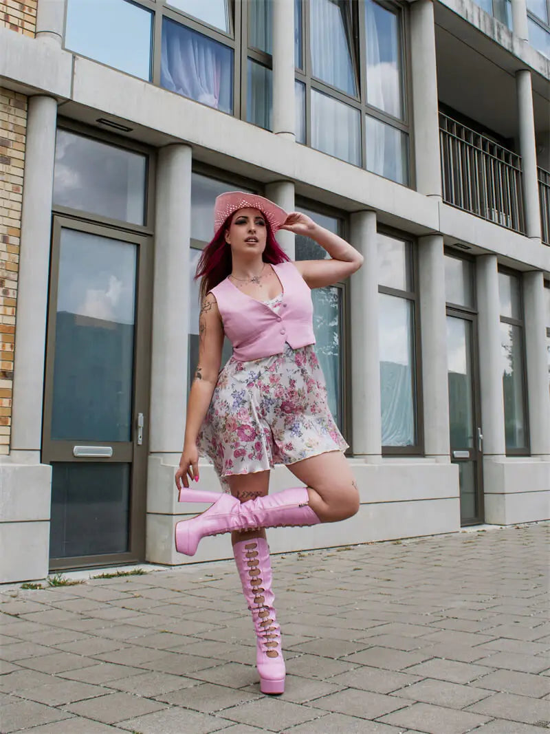 Onlymaker Women Pink Platform Multibuckle Strap Knee High Boots Big Size Comfy Female Side Zipper Mondern Boots