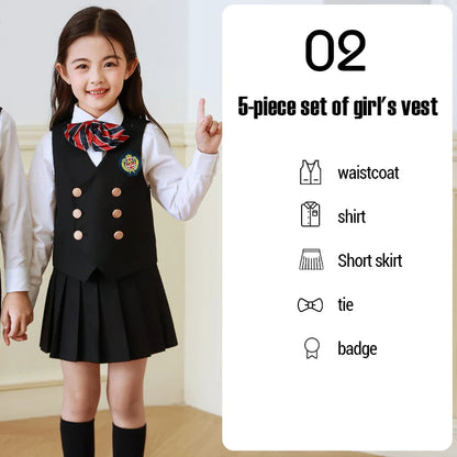 5 Pcs British Style College Kindergarten School Uniform JK Outfits Kid Shirt Pleated Skirt Suit Chorus Performance Costume Dress