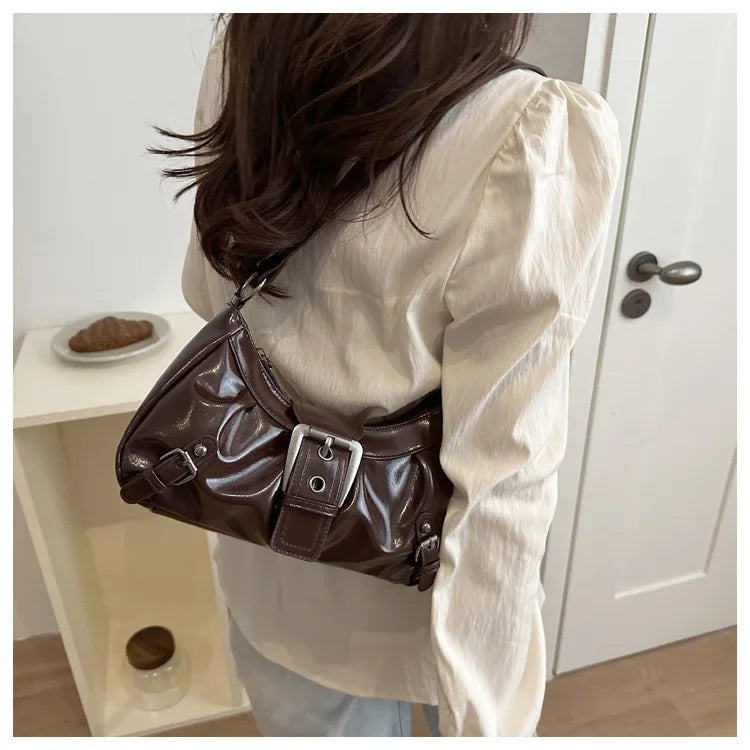 Fashion Pleated Lock Design Women's PU Shoulder Bags Simple Solid Color Ladies Underarm Bag Portable Cool Girls Phone Handbag