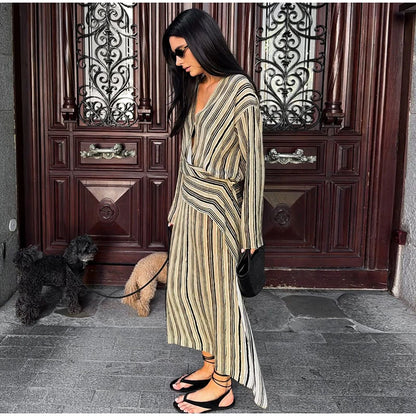 Multicolor Striped Shirt 2 Picec Set Button Front Blouse High Waist Flared Hem Maxi Skirt 2026 Summer Elegant Lady Vacation Suit