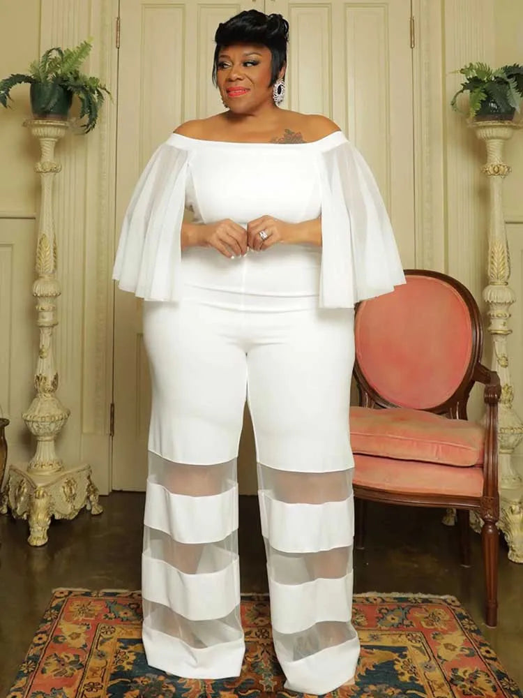Women Jumpsuits Elegant Mesh Tassel Sleeves Off The Shoulder Summer Jumpsuit Straight Pant Sexy Plus Size Jumpsuit Evening
