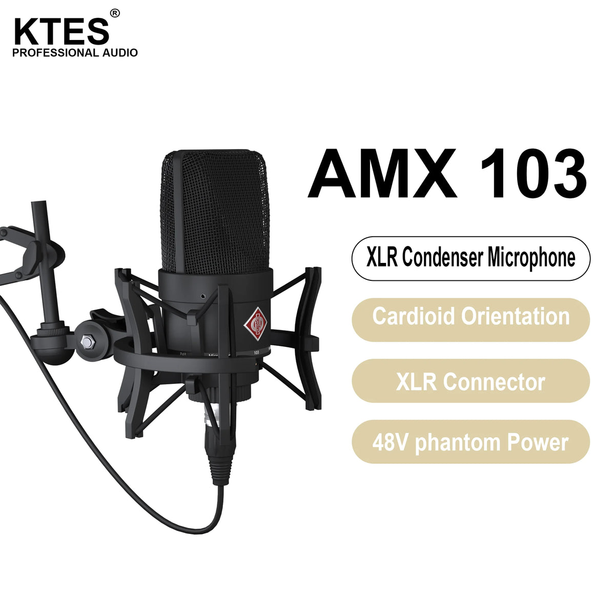AMX 103 XLR Condenser Microphone 48V Phantom Power Mic for Audio Interface Mixer Studio Recording Podcast Streaming Voice Over