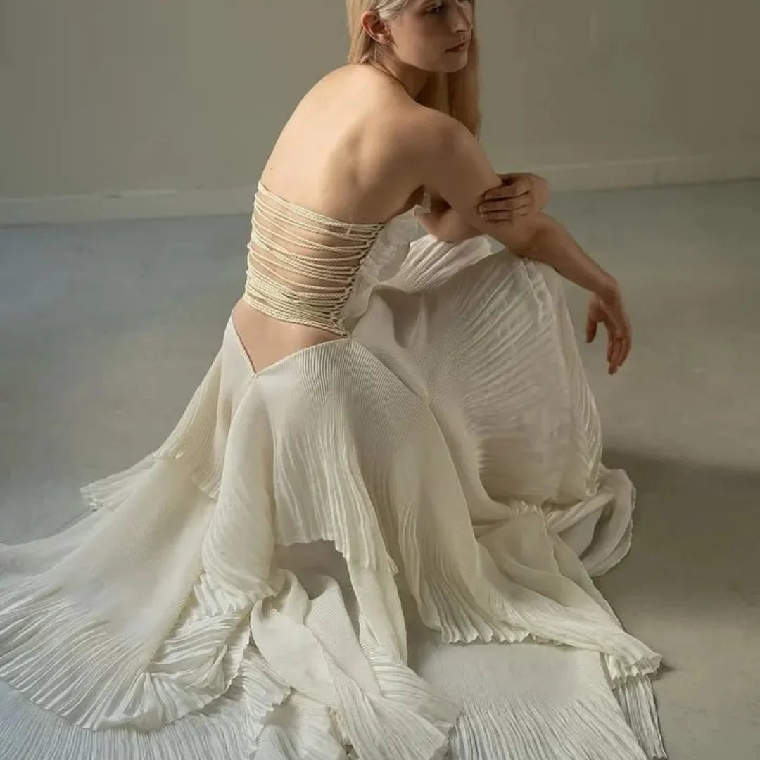 Bella Customized Ivory Strapless Prom Dress with Textured Corset Bodice and Pleated Asymmetrical Overlay Skirt robes de soirée