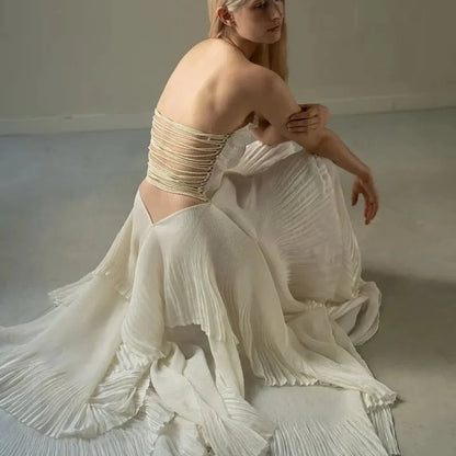 Bella Customized Ivory Strapless Prom Dress with Textured Corset Bodice and Pleated Asymmetrical Overlay Skirt robes de soirée