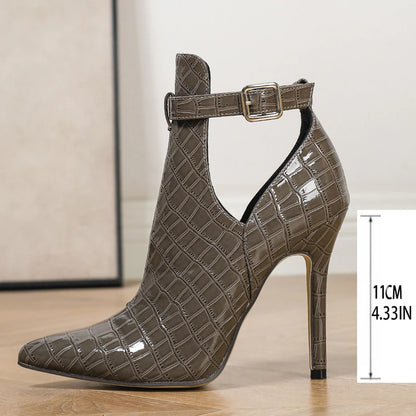 Aneikeh Spring Stone Patterned Fabric High-heeled Hollow Sandals Ankle Boots  Pointed Toe Metal Buckle Shoes Modern Short Botas