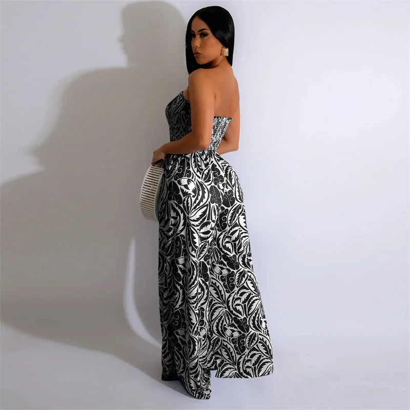 Elegant Print Jumpsuits for Woman Romper Sleeveless Backless Strapless High Waist Loose Straight Wide Leg Jumpsuit Club Clothing