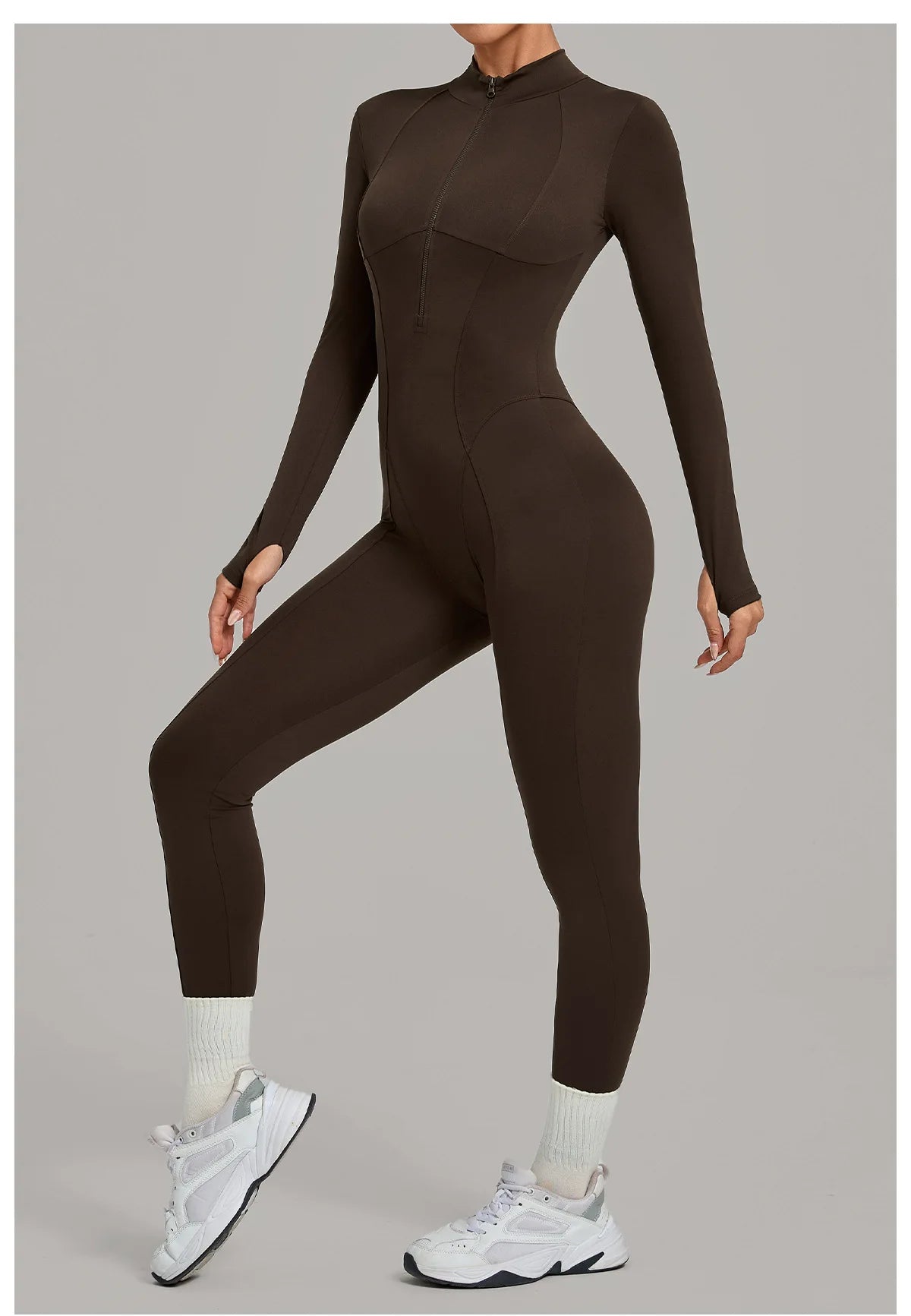 Zipper Jumpsuits for Woman No Padding Sports Overalls for Women Long Sleeve Gym Clothes Woman Activewear 2026 Purple Coffee XL