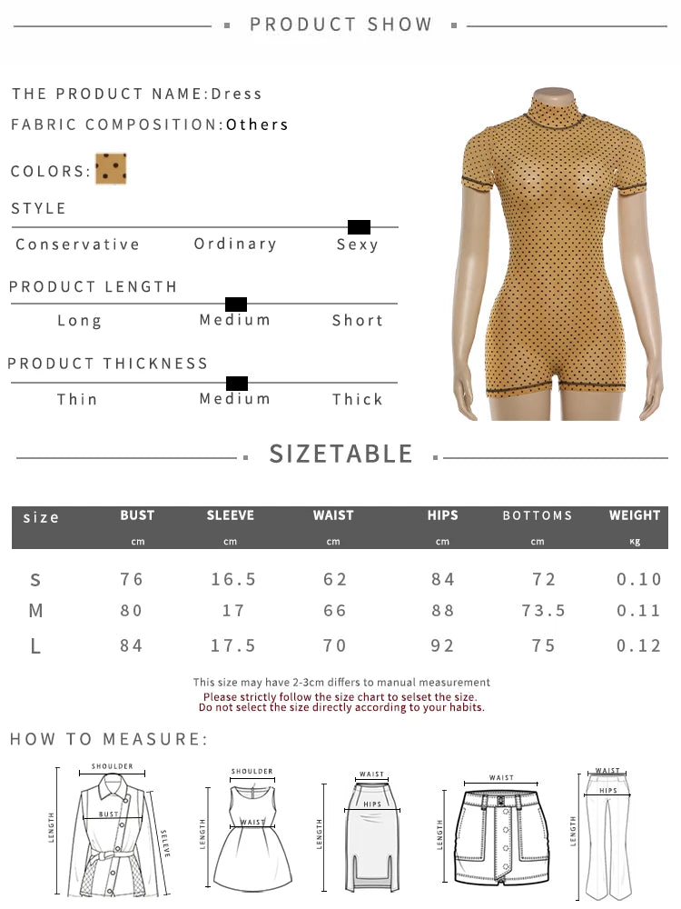 Weird Puss Polka Dot Print Rompers Woman Turtleneck Short Sleeve Backless Skinny Peach Hip Hot Girl Street Sexy Fashion Playsuit