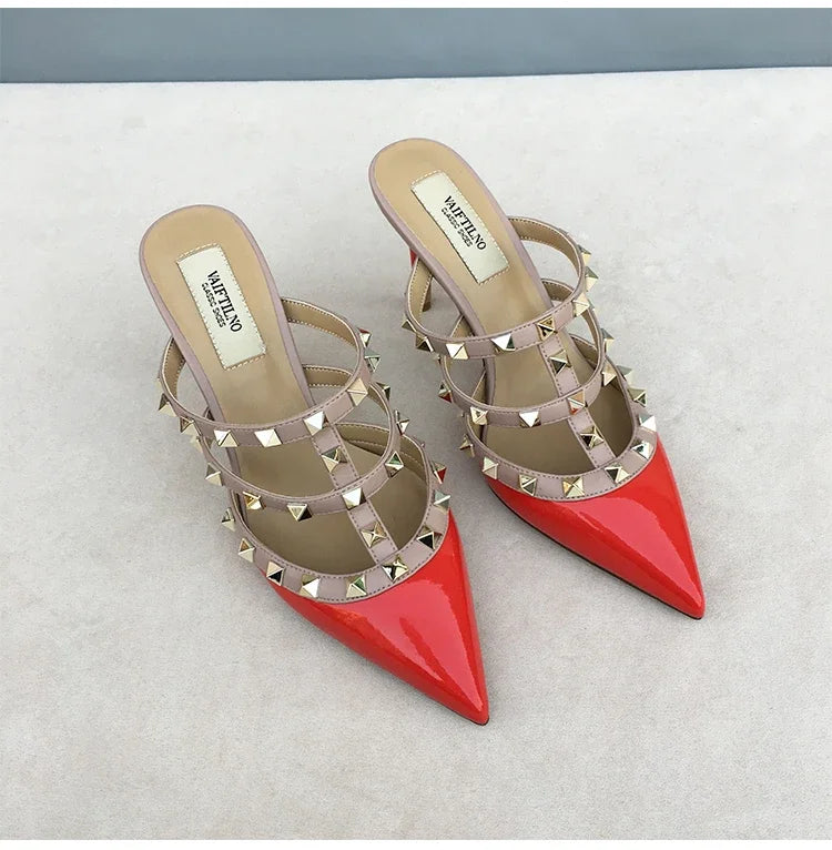 Women's sandals luxury Brand Shoes Woman 2025 trend Ankle Strap Summer Rivets High Heels Slippers Design Pointed Toe Sexy party