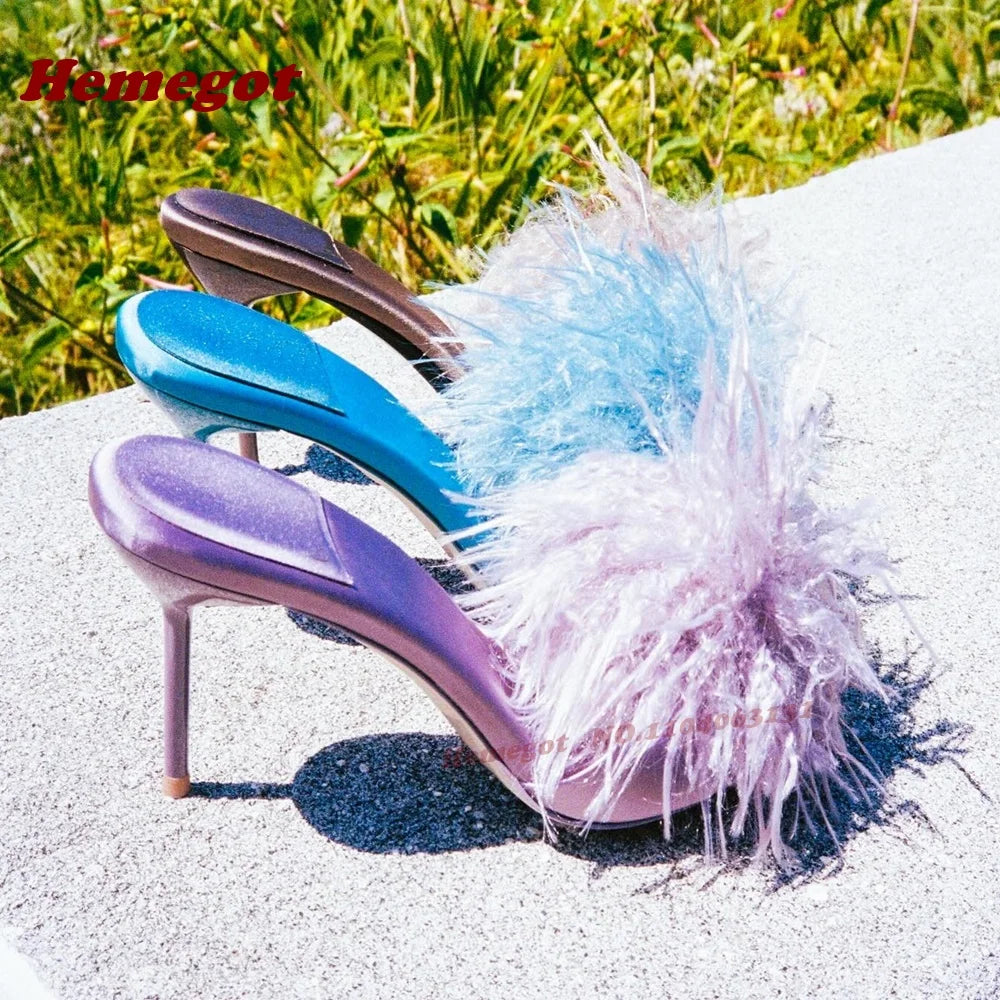 Purple Fluffy Fur Stiletto Heels Slippers Open Toe Satin Slip On Women Mules Summer Solid Patchwork Cute Casual Shoes Luxury