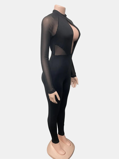FLARORA Sexy Mesh Patchwork See Through Jumpsuits Woman Long Sleeve Hollow Out Backless Slim Jumpsuit Midnight Party Clubwear