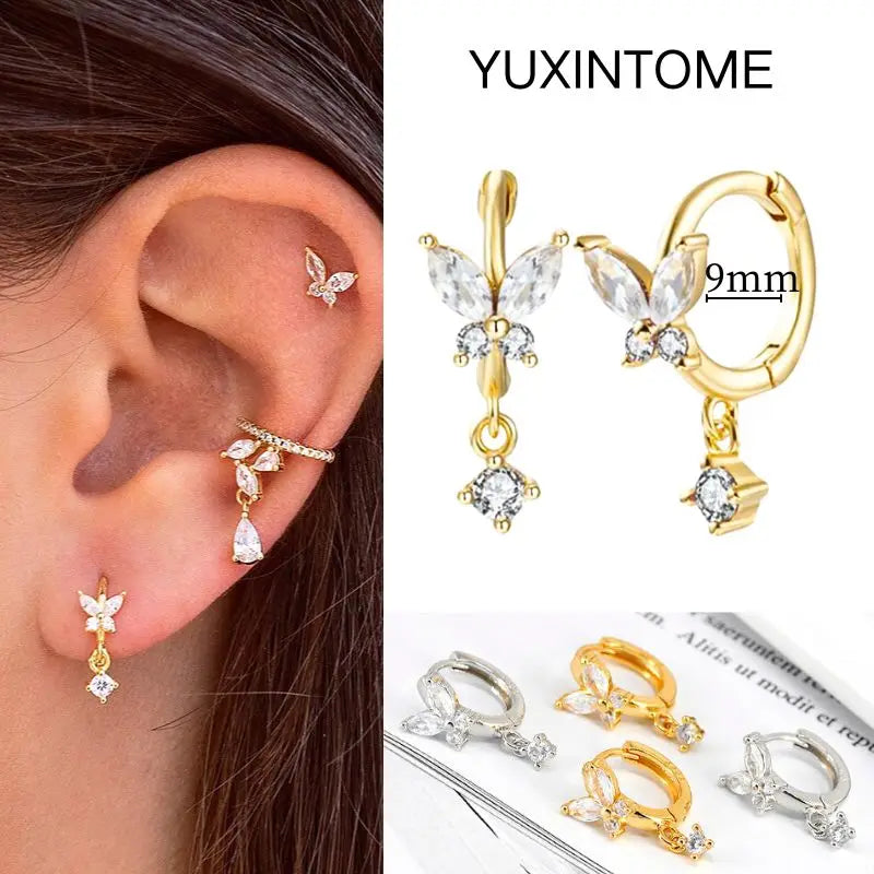 White Color Zircon Hoop Earrings 925 Sterling Silver Needle Cross/Star/Flower/Water Drop Pendant Gold Earrings Luxury Jewelry