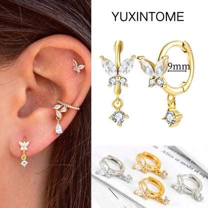 White Color Zircon Hoop Earrings 925 Sterling Silver Needle Cross/Star/Flower/Water Drop Pendant Gold Earrings Luxury Jewelry