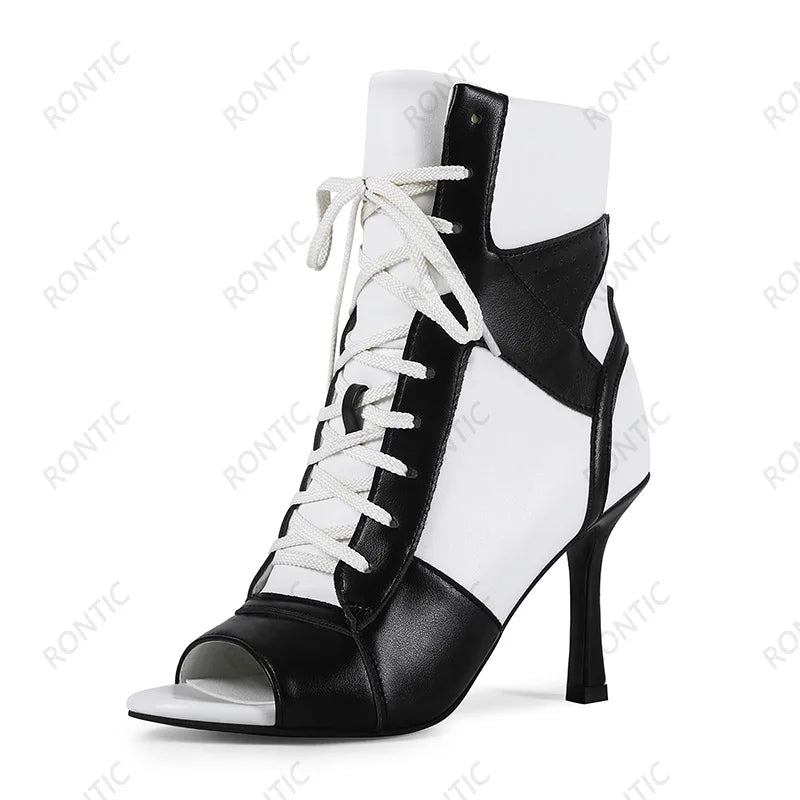 Rontic Women Red Black Color Block Peep Toe Ankle Booties, Lace Up Stiletto Heel Cutout Patchwork Fashion Open Toe Party Shoes