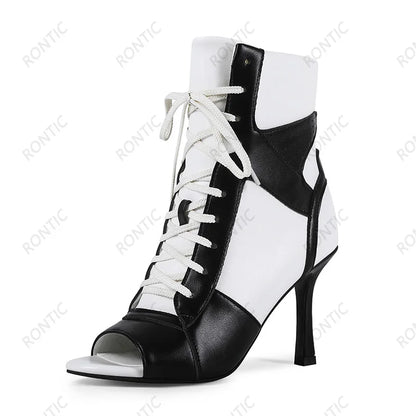 Rontic Women Red Black Color Block Peep Toe Ankle Booties, Lace Up Stiletto Heel Cutout Patchwork Fashion Open Toe Party Shoes