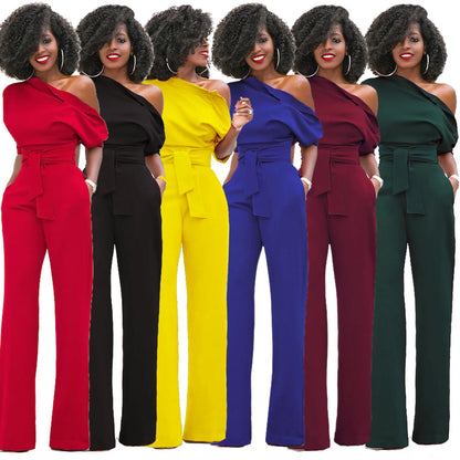 2024 Summer New Fashion Women's Jumpsuit Solid Color Slanted Shoulder Elegant Temperament Sleeveless Long Wide Leg Jumpsuit