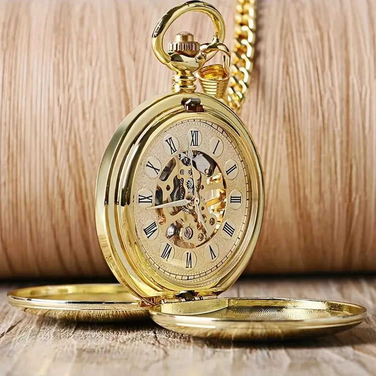 Classic Double Cover Mechanical Pocket Watch Smooth Case Skeleton Dial Roman Numerals Hand Wind Fob Watch With Chain Men Woman