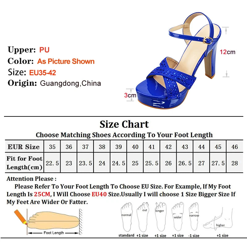 Blue Rhinestone Sandals With Platform Summer Party Dress Luxury Shoes For Woman 12CM Thick High Heels Cross Band Elegant Sandals