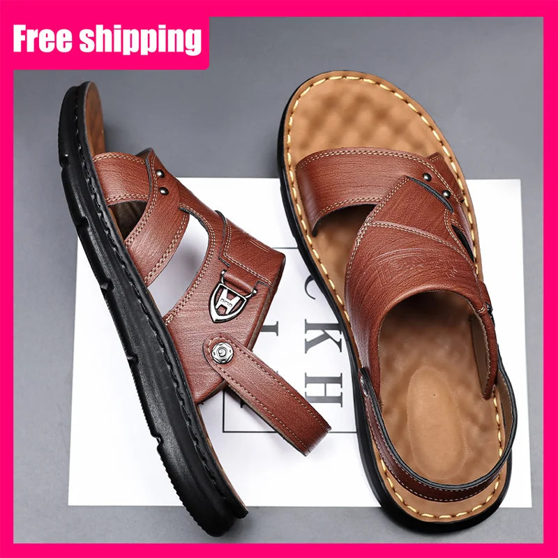 Mens Slippers 2026 New Summer Breathable Outdoor Non Slip Thick-soled Beach Shoes Leather Comfortable Casual Driving Sandals Man