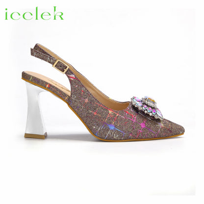 Women High Heels Sandals Shinning Material with Rhinestone Italian Design T.Blue Color Pointed Toe Shoes and Bags Set