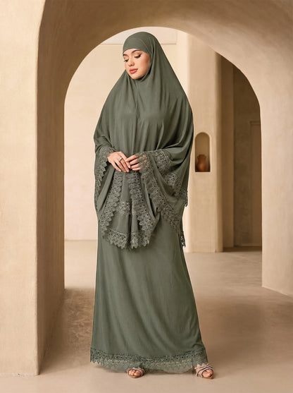 Elegant Multi Layer Lace Trim Khimar Abaya Two Piece Set, Modest Prayer Long Dress For Muslim Women Eid Daily Religious Wear