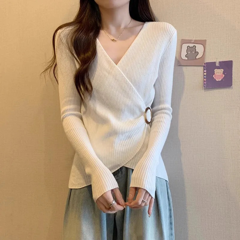 Women Wrap V Neck Ribbed Knit Top Metal Ring Buckle Flare Long Sleeve Slim Sweater