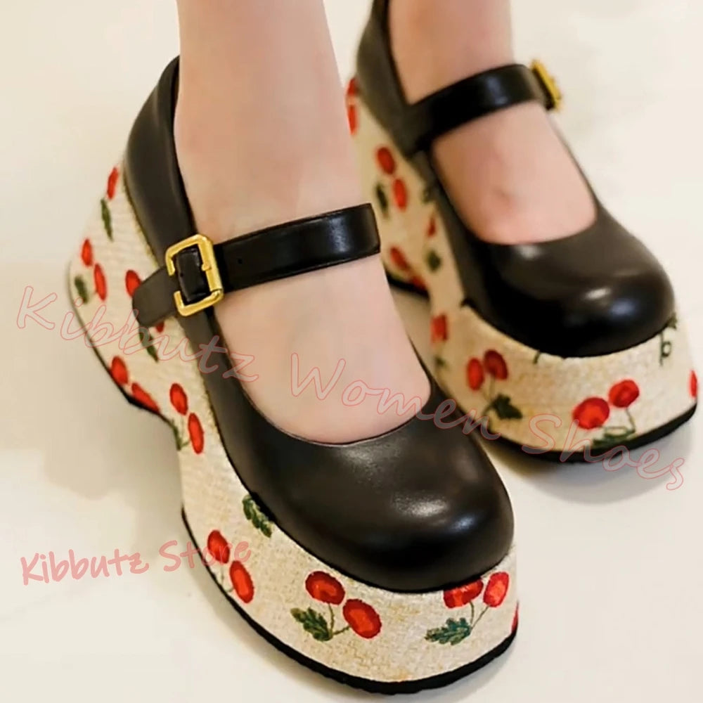 Mary Jane Pumps Cherries Platform Mixed Color Leather Belt Buckle for Women Shoes Round Toe Height Increasing Elegant Sexy New