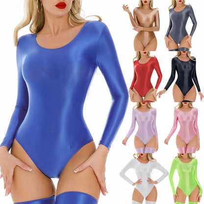 Women's Swimsuit One Piece Swimwear Oil Glossy Stretchy Gym Fitness Long Sleeve Round Neck Tights Leotard Bodysuit Clubwear