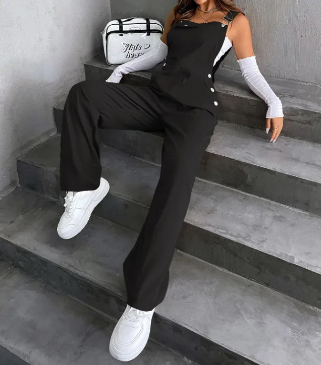Women's Casual Bib Overalls Adjustable Shoulder Strap Pocket Wide Leg Jumpsuit Loose Straight Women Streetwear Suspender Pants