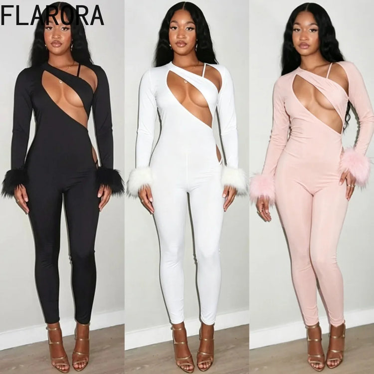 FLARORA Sexy Hollow Out Jumpsuits Woman Faux Fur Patchwork Skew Neck Full Sleeve Backless Skinny Peach Hip Party Club Overalls