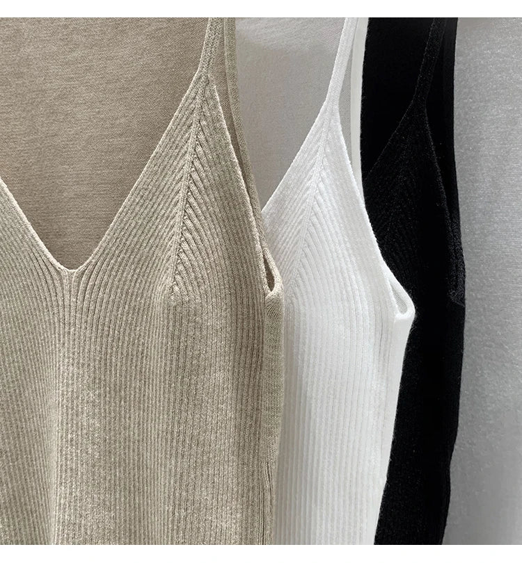 2026 Women Summer Style Sleeveless Vest Solid Color Slim Fit V Neck Knitted Top Fashionable Versatile Base Layer Knit Tank Tops