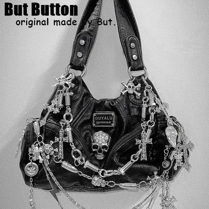 Women Y2K Girl Vintage Harajuku Full of Chains Gothic Rivet Spike Gothic One Shoulder Handbag Women’s Punk Tote Steampunk Bags