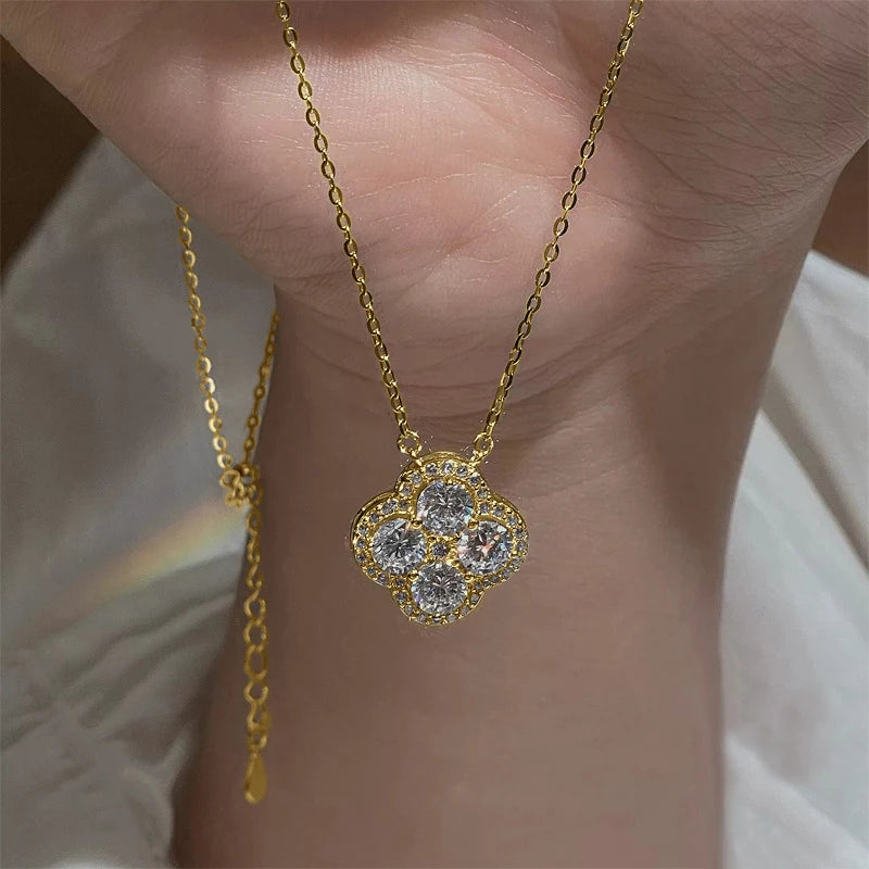 OXTAO Luxury Moissanite Four-leaf Necklace for Women D Color Flower Charm Pendant Necklace Wedding Jewelry Gift 14K Gold Filled