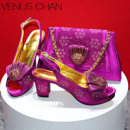 Mature Sweet Spot Good Arrival Peach Color Square Heels Peep Toe Shoes Matching Bag Set For Nigerian Women Wedding Party Pump