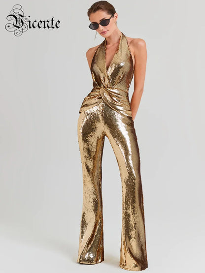 VC Gold Elegant Jumpsuits For Woman Luxury Brown Sequins Design Fashion Party Sexy Backless Sleeveless One Piece Female Clothing