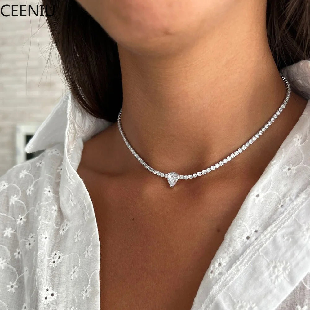 Certified Full Moissanite Riviera Tennis Necklace with Waterdrop Diamond Pendant for Women 925 Sterling Silver Adjustable Choker