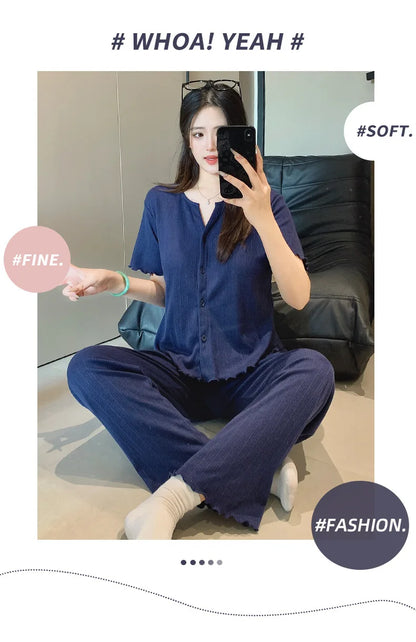 Cotton Fabric Floral Cardigan Printed Pajamas for Women Short-Sleeved Top and Long Pants Sleepwear Homewear Set Ladies Nightwear