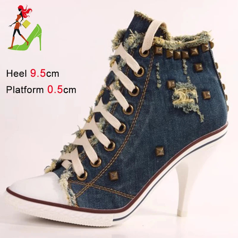 2024 NEW Spring High Heels Rivet Black Shoes Women Fashion Thin Heels Denim Canvas Shoes High Top Round Toe Lace Up Ladies Boots