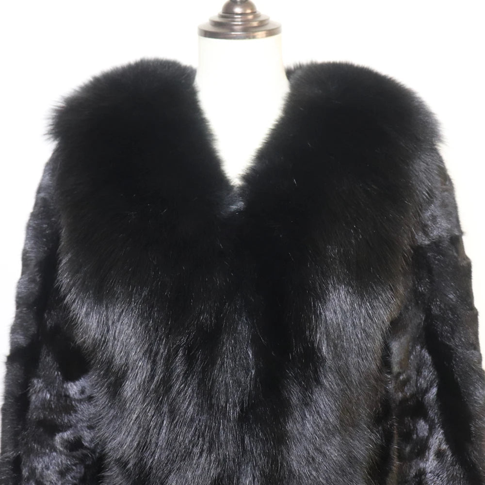 Winter Real Mink Fur Coat With Fox Fur Collar For Women Long Style 100% Genuine Mink Fur Jacket Thick Warm Natural Mink Fur Coat