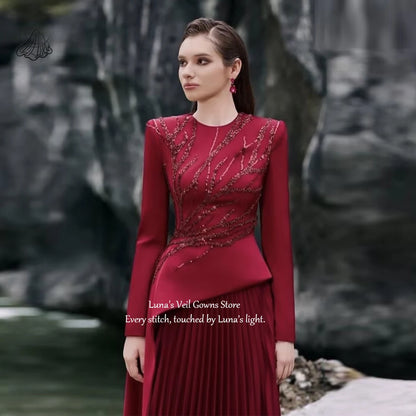 LunaV Exquisite Red Evening Dresses Chic O-Neck Long Sleeve Chapel Train Appliques Gowns Pleat Special Occasion Prom Dress