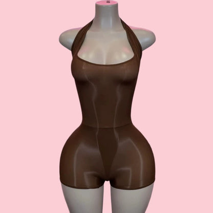HLJ&GG Sexy Mesh See Though Halter Bodycon One Piece Rompers Women Sleeveless Backless Slim Jumpsuits Fashion Stretchy Overalls