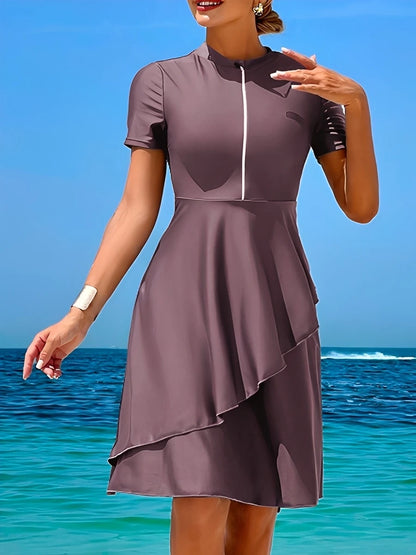 2026 Long Knee Swimwear Female Tankini 2 Pieces Zipper Swimsuit Women Beach Dress Solid Bathers Bathing Swimming Swim Suit