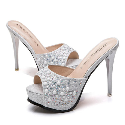 Women Crystal Slippers 2024 New Fashion Platform 12CM Thin High Heels Designer Slides Sandals Luxury Rhinestones Summer Shoes