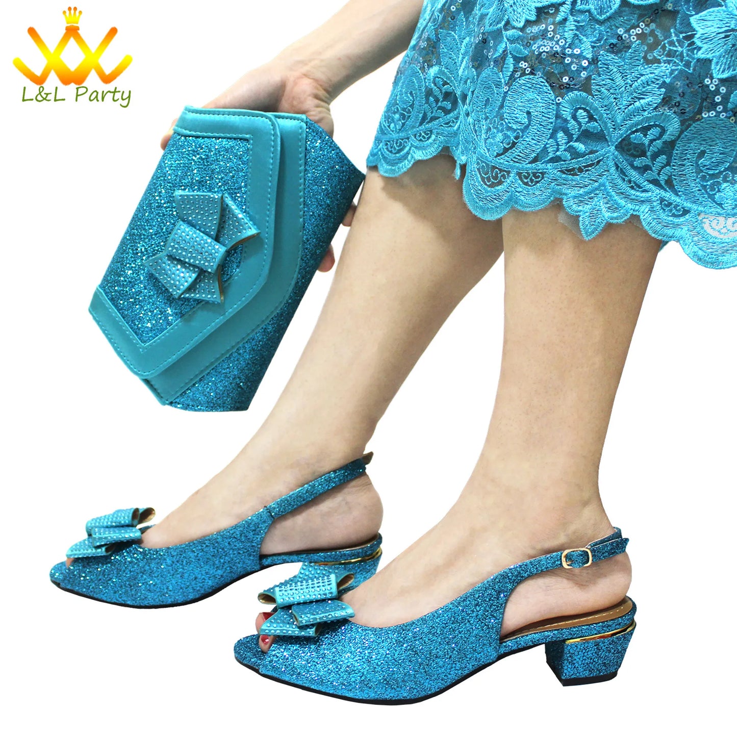 Pink New Arrivals Nigerian Women Shoes and Bag Set Italian Design Low Heels with Crystal Peep Toe Sandals for Party