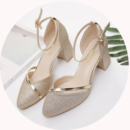 Women Sexy Golden Wedding High Quality Buckle Strap Square Heel Shoes Lady Fashion Night Club Silver Office & Party Pumps A109