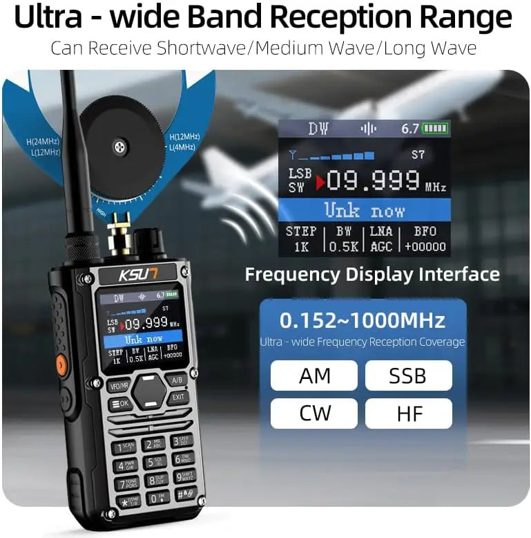 KSUT Ham Radio Walkie Talkie Handheld HF SSB CB Two Way Radios Screen with Short Wave Antenna for Hiking Camping HF123D