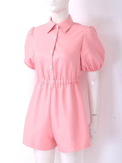 Fashion Women Short Puff Sleeve Romper Lapel Front Button Elastic Waist Shorts Jumpsuit for Office Vacation Casual Clothing