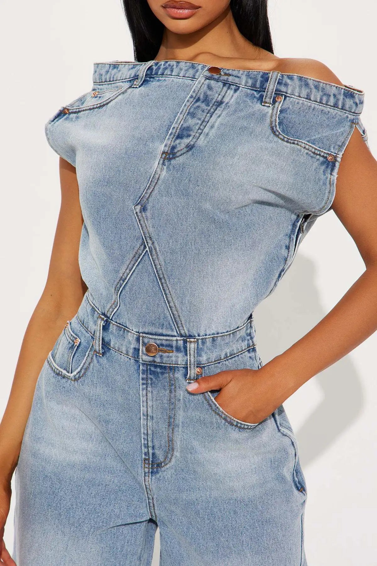 Jumpsuits Women Denim One Piece Short Sleeve Overalls Knee Length Pants Tight Waist Rompers Y2k Streetwear Slash Neck 2026
