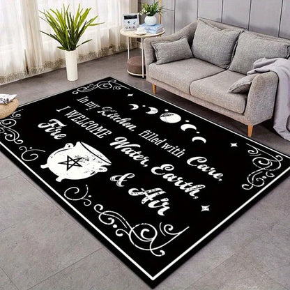 Witch Kitchen Spell Rug: Magical Elements for Cozy Interiors | Gothic Home Decor | Enchanting Black and White Area Rugs